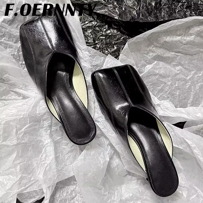 Mules rétro à bout carré et talon chaton pour femmes, demi-pantoufles en cuir véritable, décontracté