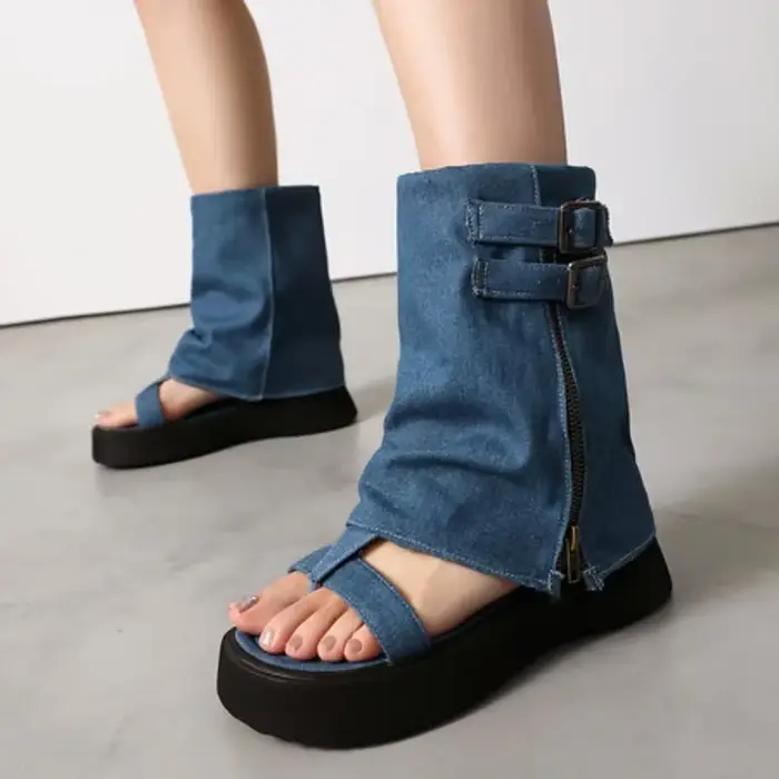 Roman Punk Rock gladiateur sandales femmes Denim bleu chaussures 2025 été grosse plate-forme Creeper