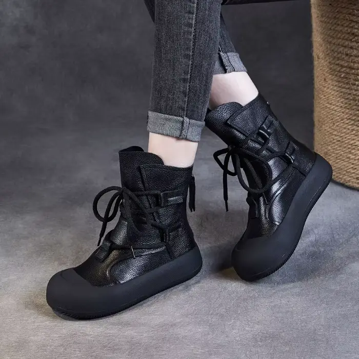 DRKANOL fait à la main rétro romain bottines pour femmes en cuir véritable grosse plate-forme dos fe