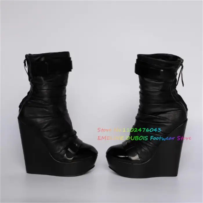 Bottines noires en cuir à talon compensé plateforme pour femme, bout rond, boucle plissée, bride de 
