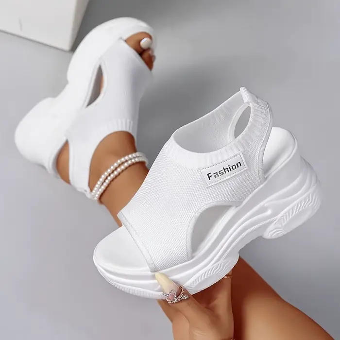 Sandales compensées à plateforme pour femmes, style mode, à bout ouvert, en maille tricotée, respira