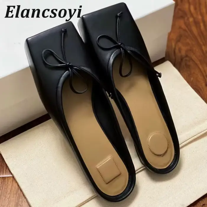 Printemps automne nœud décor mi talons demi pantoufles femmes bout carré chaton talons paresseux Mules chaussures loisirs de plein air vacances chaussures