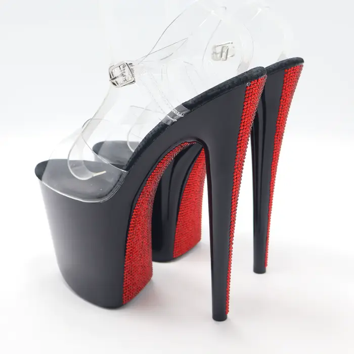 Talons aiguilles noirs brillants de 20CM avec cristal de vin, talons à plateforme recouverts de stra