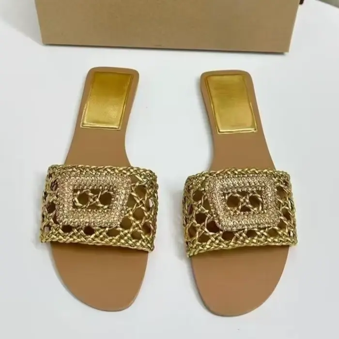 Sandales plates tissées dorées de haute qualité pour femmes