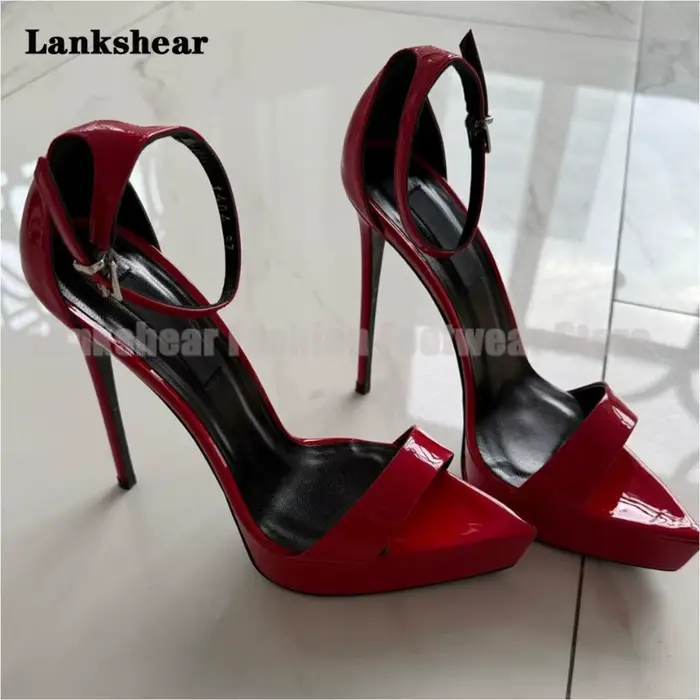 Noir/rouge/abricot/cuir verni plate-forme sandales concepteur femmes bout ouvert Sexy Super talons hauts Sandalias De Mujer Verano