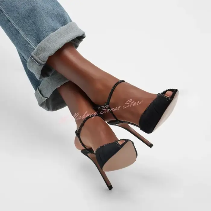 Peep Parker-Escarpins en maille pour femmes, talons hauts fins, lanières à boucles, escarpins en cri