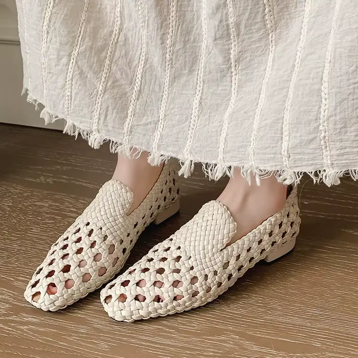 Sandales tressées en cuir véritable pour femme