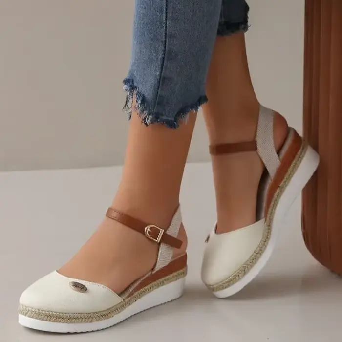 Sandales à talons compensés pour femmes, chaussures d'été rétro à la mode, bout fermé, confortables,