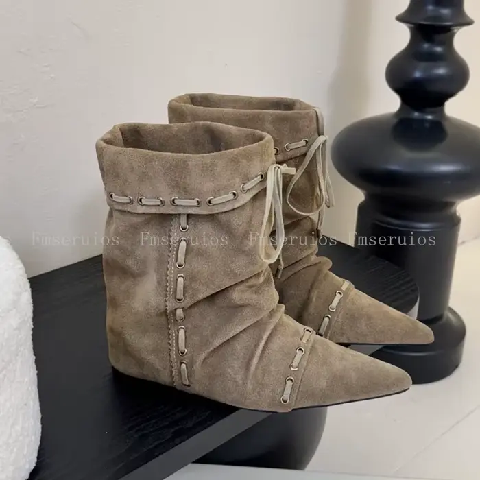 Femmes mi-mollet bottes Style de mode bout pointu plat bottines en cuir à lacets larges bretelles él