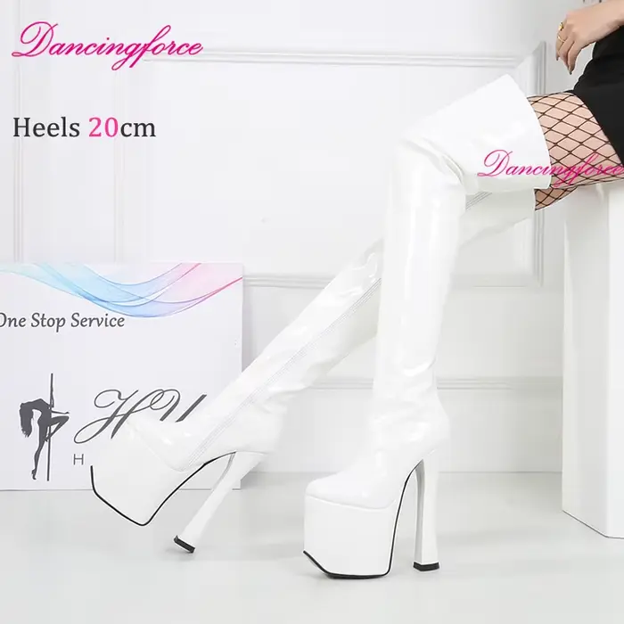 Noir Sexy 20 cm bloc talons sur genou cuissardes plate-forme épaisse marque de luxe discothèque reine chaussures femmes grande taille EU36-46