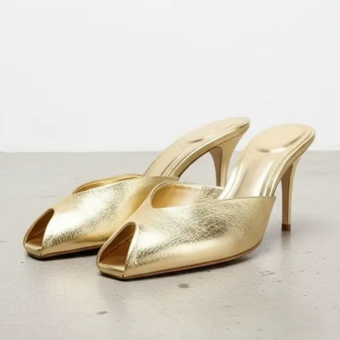 Pantoufles à talons en cuir verni doré pour femmes, sandales coulissantes Sexy à bout ouvert, chauss