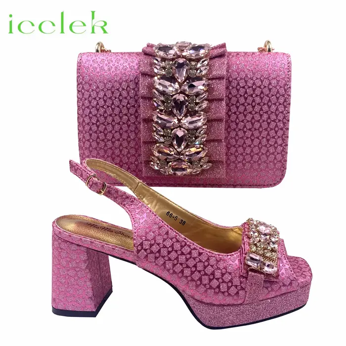Ensemble de chaussures et de sacs à bout pointu pour femmes, brillant, mode italienne, talon, décora