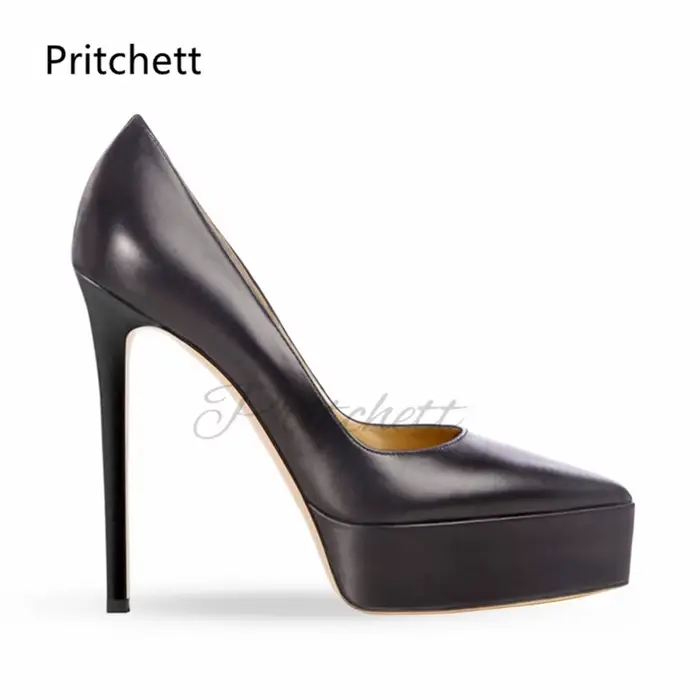 Escarpins à plateforme en cuir noir pour femmes, sexy, à bout pointu, talons hauts fins, couleur uni