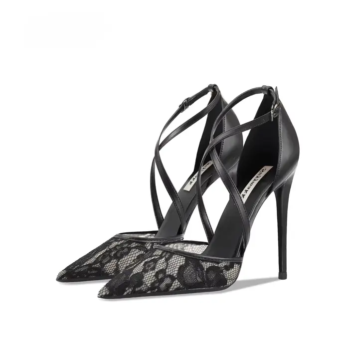 Nouvelles sandales à talons hauts en dentelle noire pour femmes, bout pointu, talon peu profond, pol