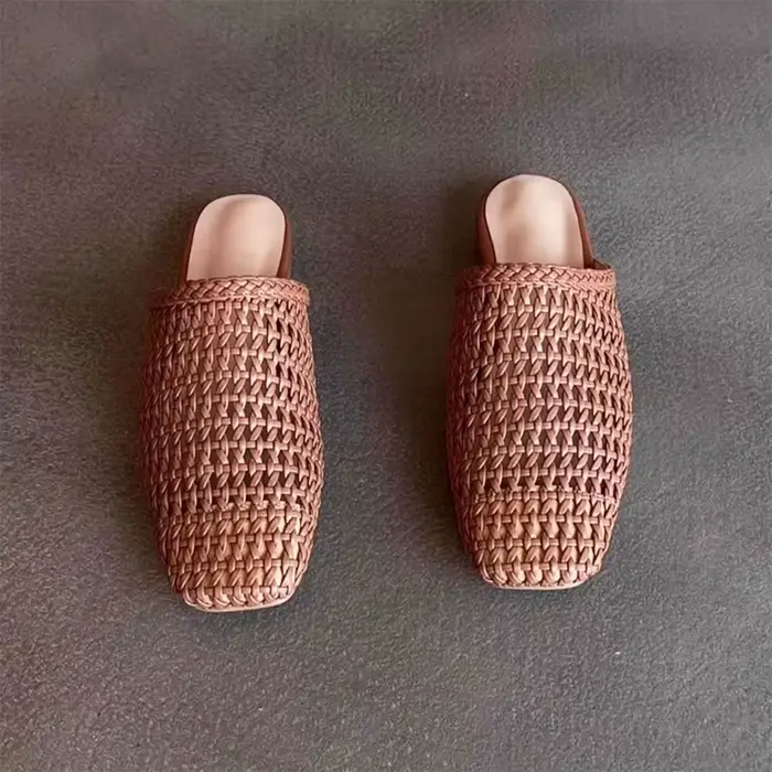 Femme chaussures femmes Mules bout carré évider deux couches peau de vache