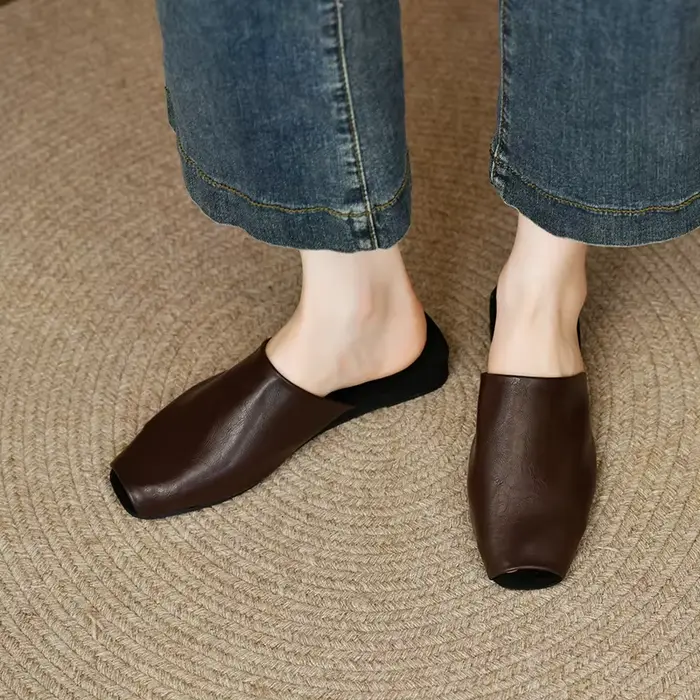 Mules pour femmes, chaussures d'extérieur, pantoufles à bout carré fermé, en cuir de vachette, style simple, souples, en cuir véritable
