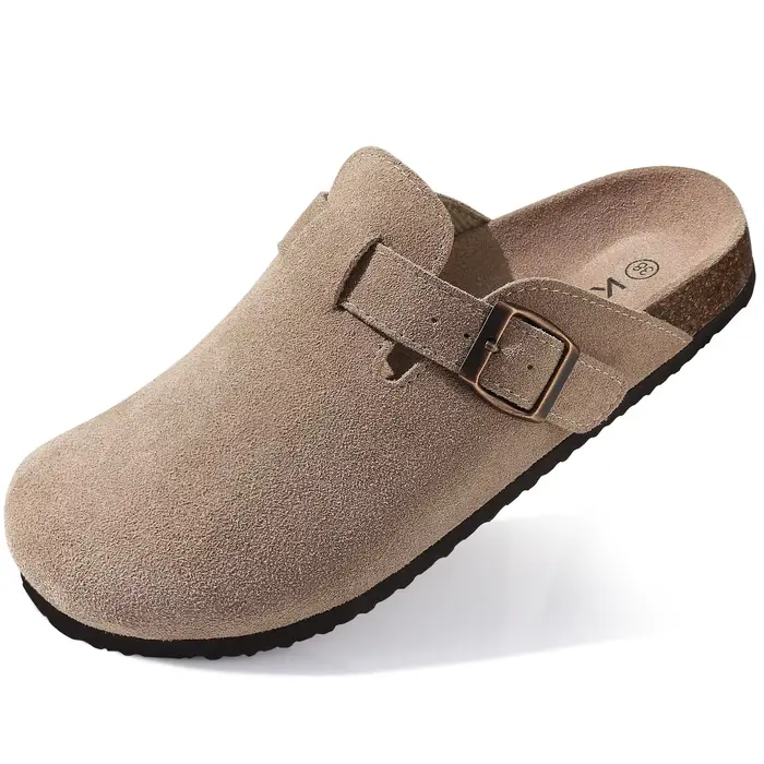 Evshine Sabots en daim de vache pour femmes avec soutien de la voûte plantaire Mules de lit en liège confortables Chaussures de pomme de terre à la mode pour hommes Sabots en liège véritable Pantoufle