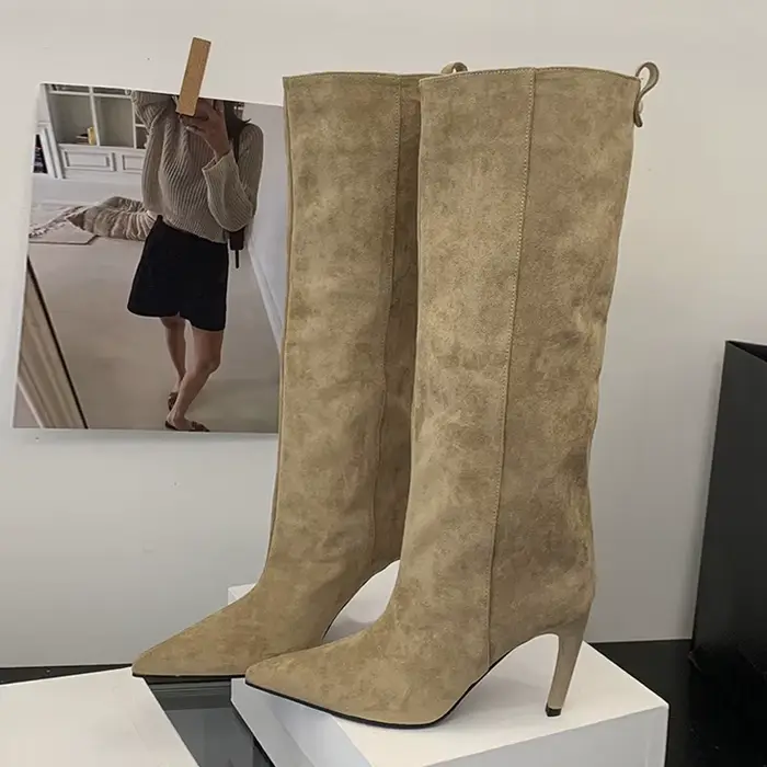 Liyke automne hiver mode mince genou bottes hautes femmes Sexy bout pointu bas talon mince chaussure