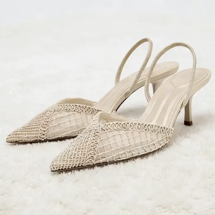 Mode noir maille creuse tissé marque pompes femmes confort bout pointu peu profond sandales à talons