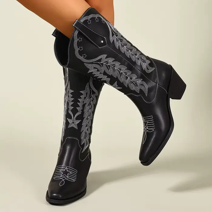 Bottes Western noires brodées avec talon épais, bout carré, style bohème, style européen et américai