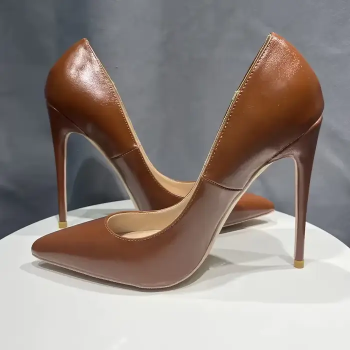 Premium élégant femmes Sexy 12 cm OL bureau robe de soirée pompes dame bout pointu talons aiguilles mat marron cuir