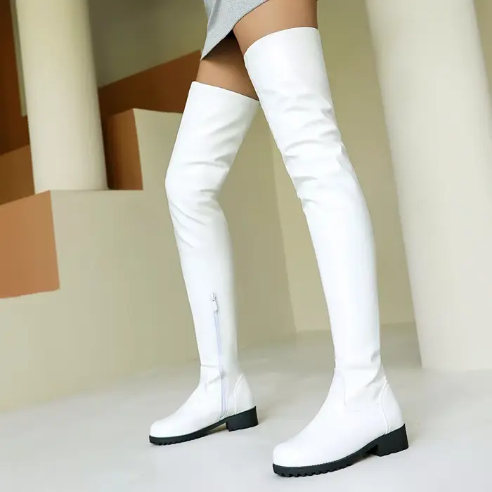 Cuissardes extensibles blanches pour femmes, talons épais, bout rond, doux, noir, Sexy, fête, Club, 
