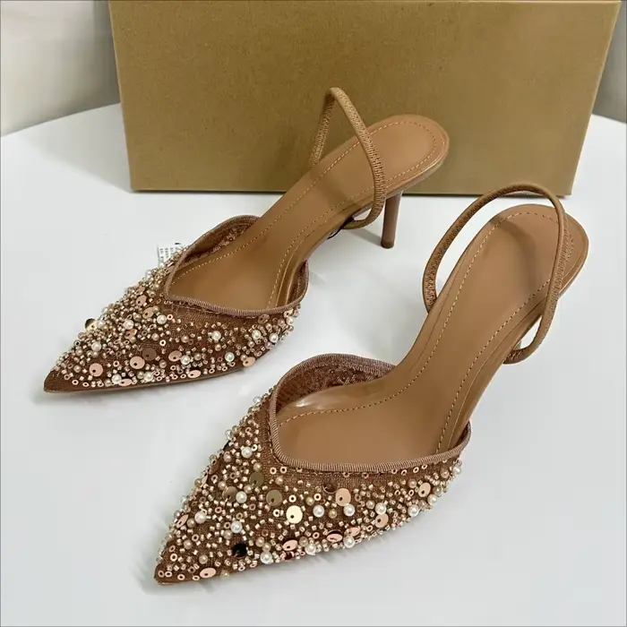 Chaussures de soirée élégantes à talons hauts pour femmes, paillettes scintillantes, perles, maille, Design de marque, sandales de luxe pour dames de bureau, été 2025