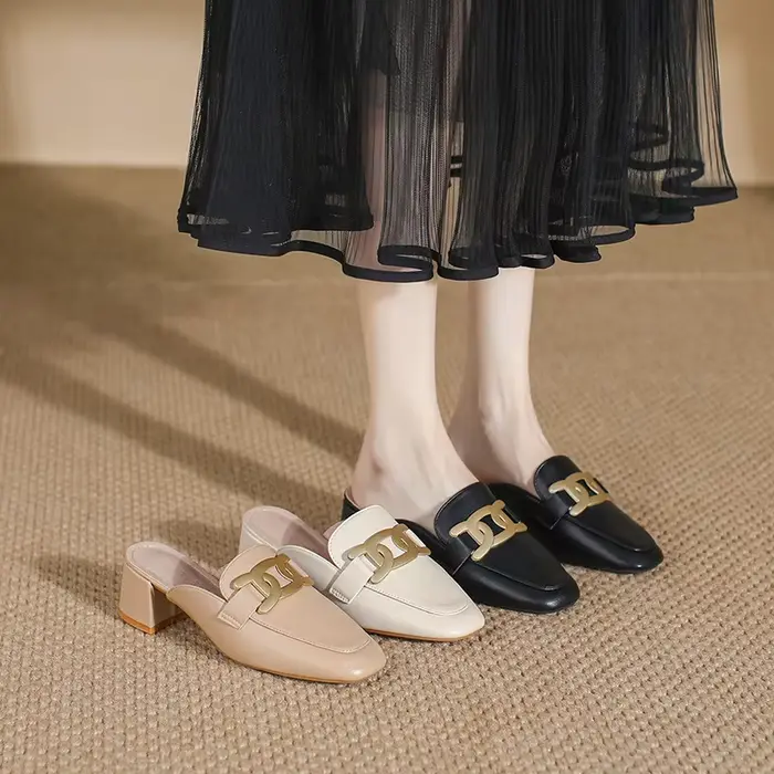 Mules confortables à talon épais grande taille pour femme, à bout ouvert, à enfiler, talons hauts, mode printemps-été, chaussures plates de ville