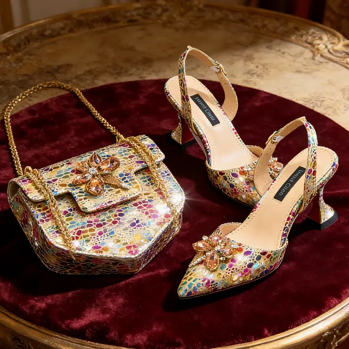 Chaussures à talons fins couleur or 2026, bout pointu, design cristal, pour femmes, avec sac assorti