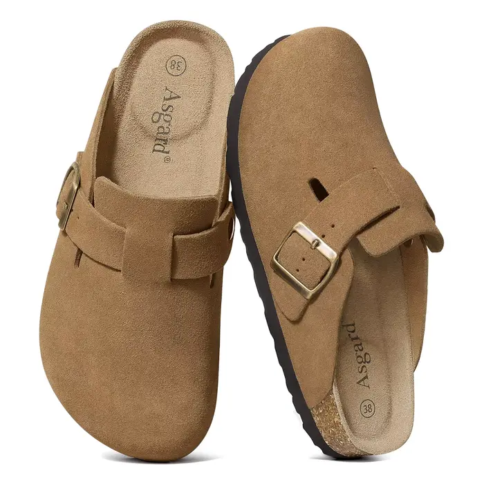 Sabots en daim pour femme Asgard, mules en cuir véritable avec boucle réglable, semelle intérieure e