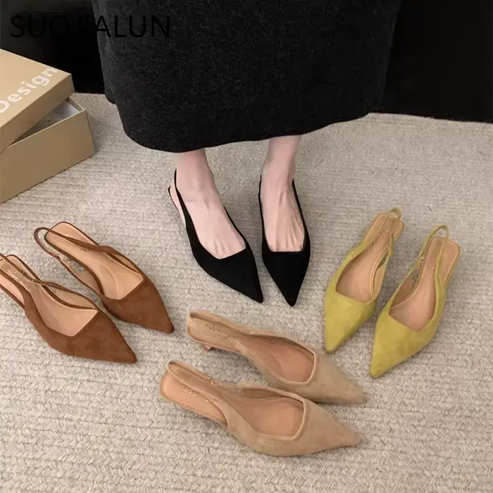 SUOJIALUN 2024 printemps nouvelles femmes sandale mode bout pointu peu profond sans lacet robe Mules chaussures mince