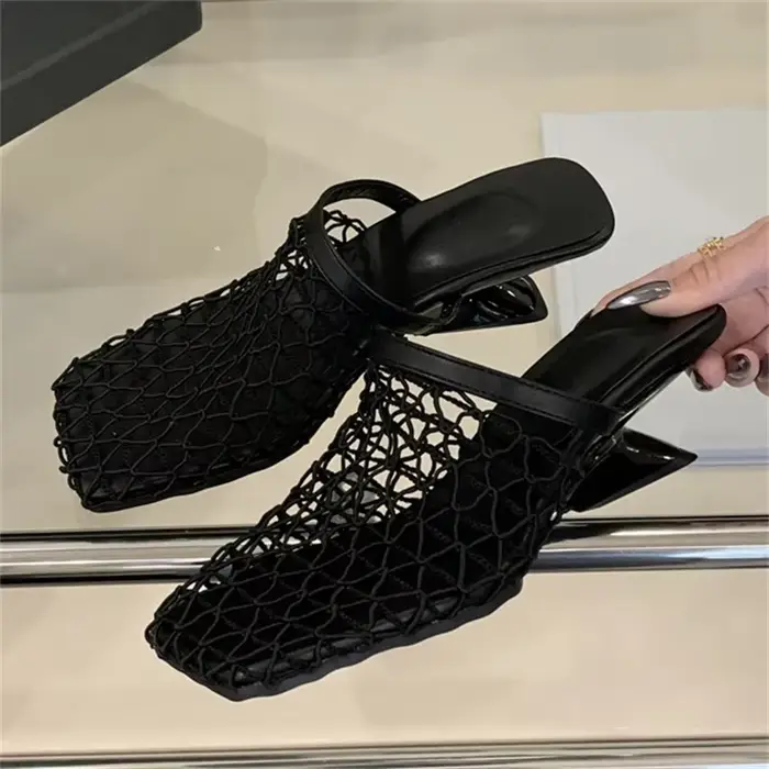 Eilyken Design respirant maille Mule pantoufles femme pompes élégant bout carré étrange talons bas fête dames chaussures coulissantes