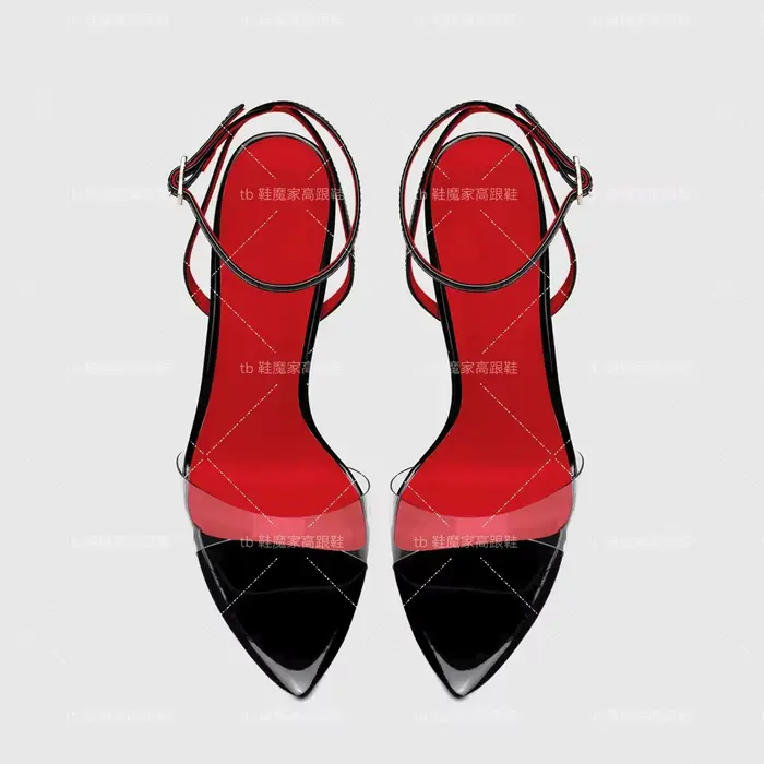 2025 nouvelles chaussures à talons hauts à semelle extérieure rouge avec bouts pointus noirs boucle droite exposée avec talons fins sandales sexy pour femmes