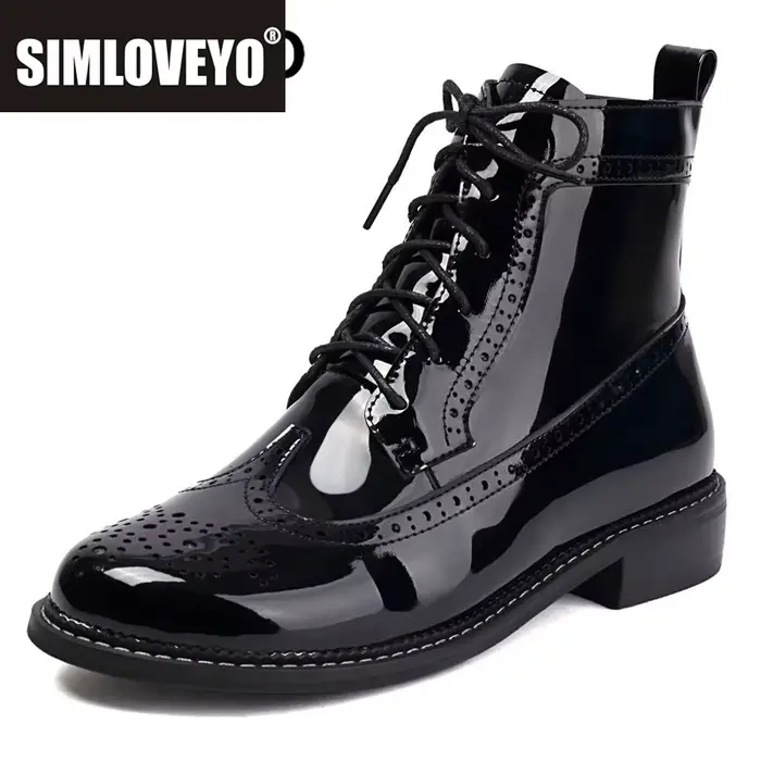 SIMLOVEYO 2025 brillant femmes bottines bout rond bloc talons 3.5 cm fermeture éclair à lacets grand