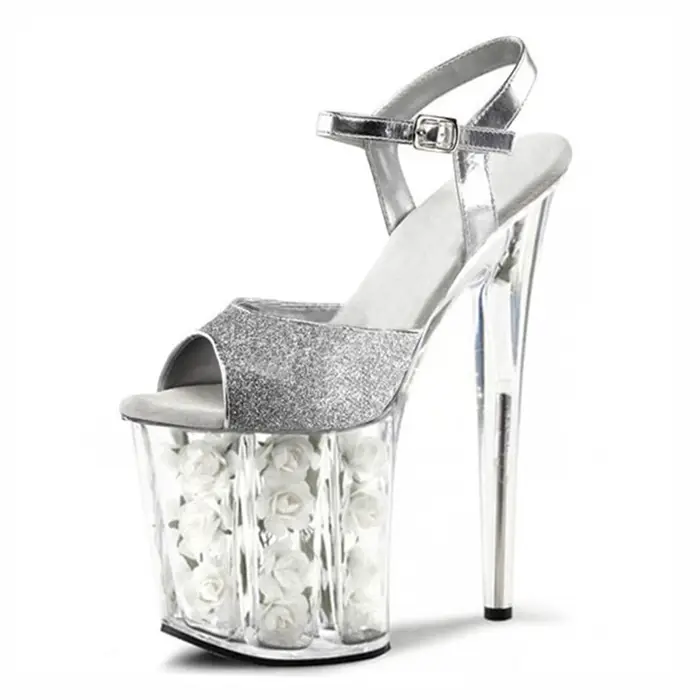 Chaussures de mariage à talons roses de 20CM, sandales à plateforme en cristal rouge avec fleurs fra