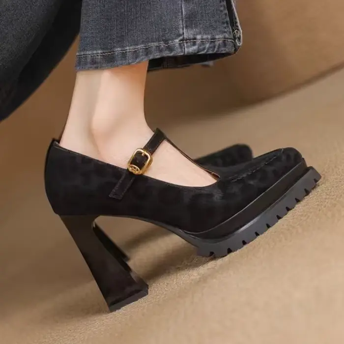 Chaussures simples à talons hauts, nouvelles chaussures à bout pointu en daim avec sangle antidérapante, plateforme antidérapante à talons bloc