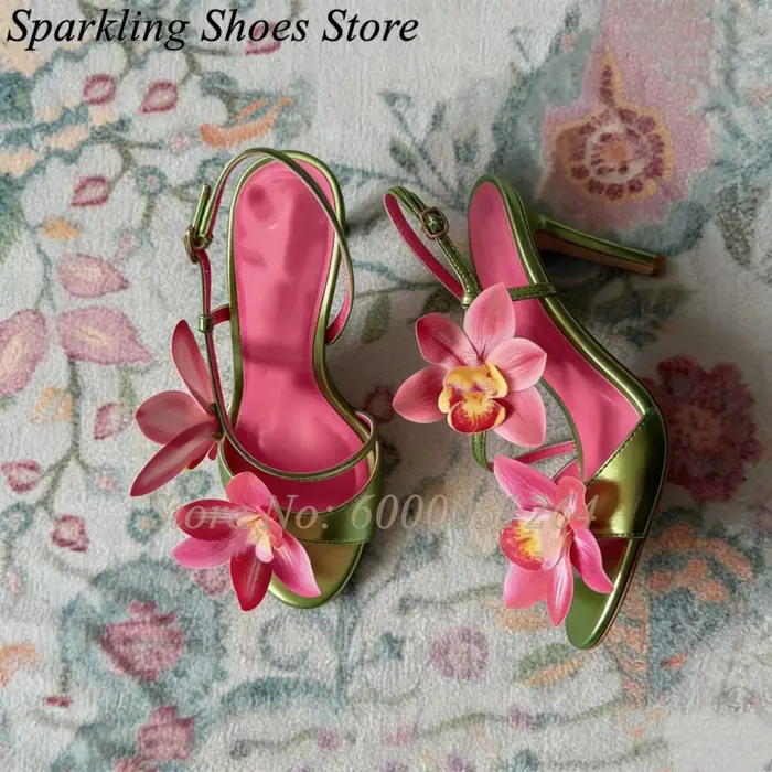 Sandales à talons hauts rose à fleurs de lys, à lanières, bout ouvert, avec boucle, pour le printemp