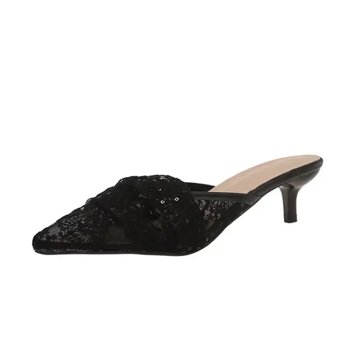 Mules à talons chaton en dentelle brodée blanche pour femmes, chaussures de mariée à bout pointu, él