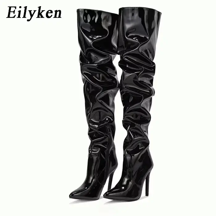 Eilyken-Cuissardes rouges pour femmes, cuissardes à talons hauts, cuir verni, solide, pointu, Parker