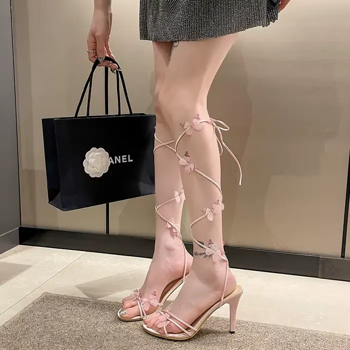 Sandales d'été 2026 sexy pour femme, à talons hauts roses, avec dentelle papillon, talon fin, pour s