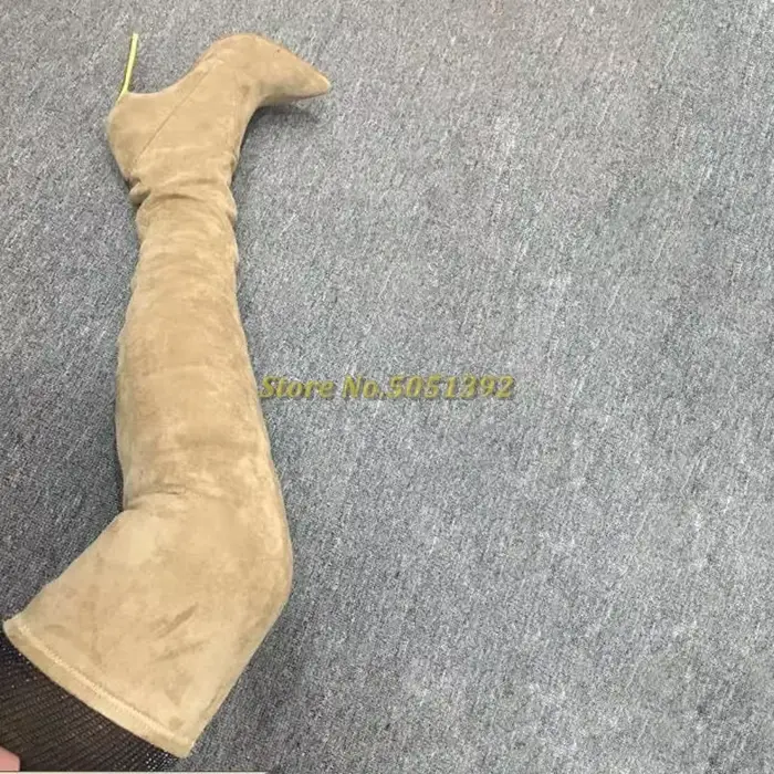Bottes stretch montantes en daim pour femme, à talon métallique, bout pointu, style podium, pour l'h