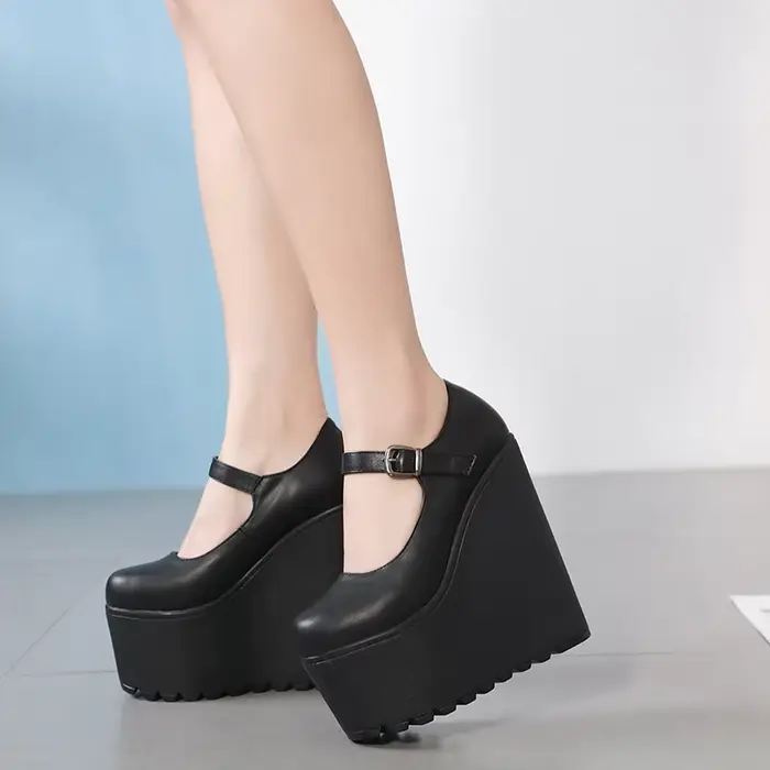 Escarpins à Talons Compensés en Cuir Noir pour Femme, Chaussures à Plateforme, Talons Hauts, Parker Rond, Vêtements de Plein Air pour Dames, Tenue de ix, Sangle de Rincage, 16cm