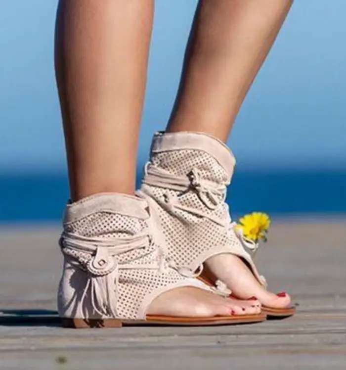 Rétro gland sandales pour femme été Boho chaussures plates dames à lacets