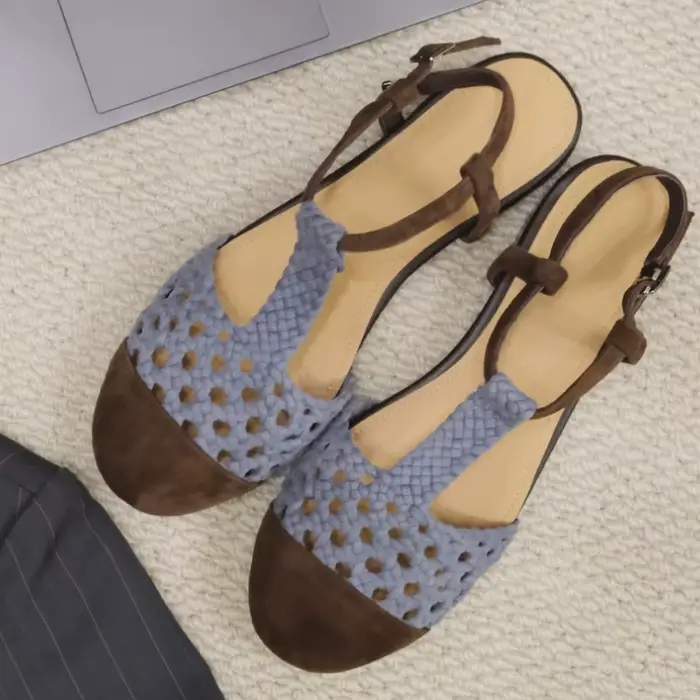 Sandales plates confortables à bout rond et tressées pour femmes, sandales romaines à bride en T et 