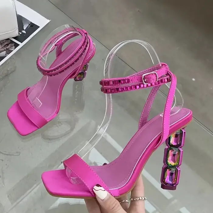 Aneikeh Sexy brillant empilé cristal talon sandales femme été 2026 mince embelli bride à la cheville