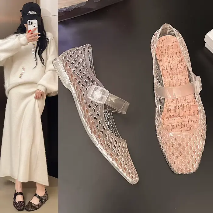Sandales ajourées pour femme, nouvelle collection été, à la mode, avec boucle à un bouton, respirantes, à semelle plate et bout carré