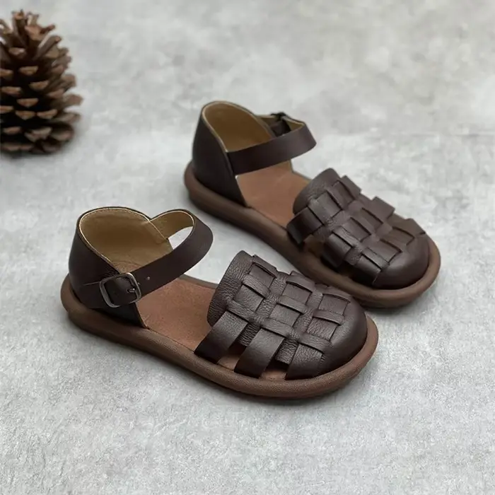 Sandales Plates Rétro en Cuir de Vache pour Femme