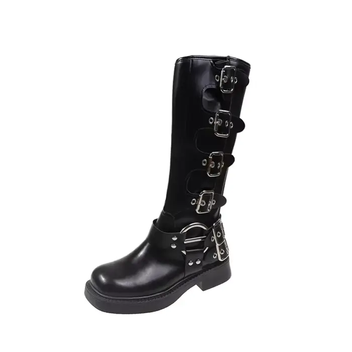 Femme bottes genou haute plate-forme élégante talon bas tendance Punk gothique New Rock cuir mode ch