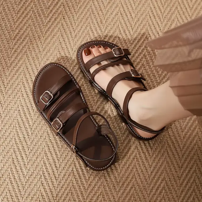 Sandales romaines pour femmes, chaussures d'été décontractées à semelle plate, marron, pour la plage, polyvalentes, faciles à enfiler