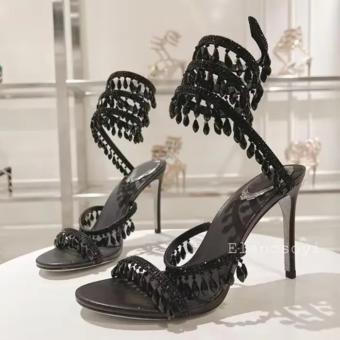 Mode talons hauts sandales femmes cristal chaîne perle serpent en forme enroulement chaussures de mariage été